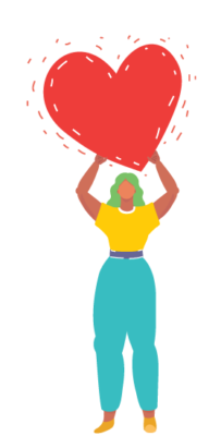 Illustration of a woman holding a big red heart above her head